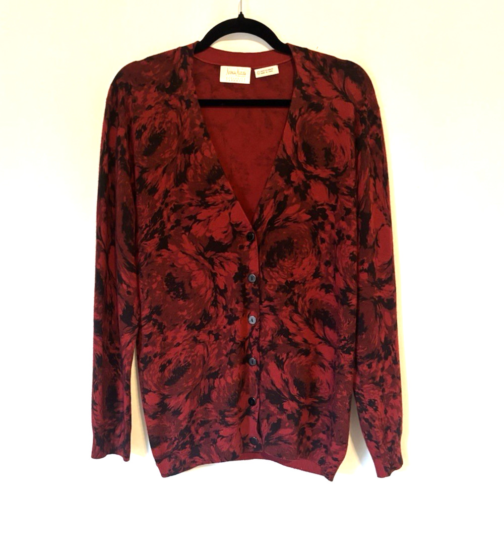 Neiman Marcus Cashmere Cardigan Large Womens Floral Crew Neck